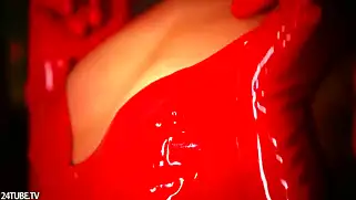 Горячая Сара в Red Latex дрочит себе пальчиками