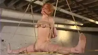 Худую телочку растянули на шпагате и стали трахать палкой пизду